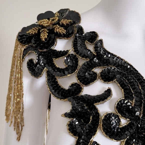Vintage Black & Gold Ornate Hand Beaded Sequin Bodice Appliqués Patch Piece - Picture 3 of 10